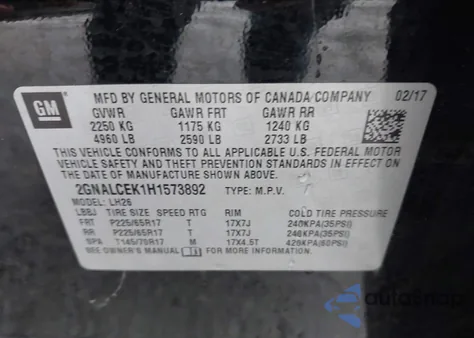 2017 Chevrolet Equinox Lt z USA, uszkodzony, nr VIN 2GNALCEK1H1573892